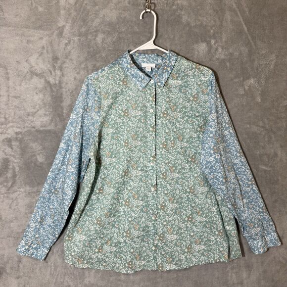 J Jill Sleep Top L Floral Colorblock Long Sleeves Button Up Collared Lightweight - Picture 2 of 9
